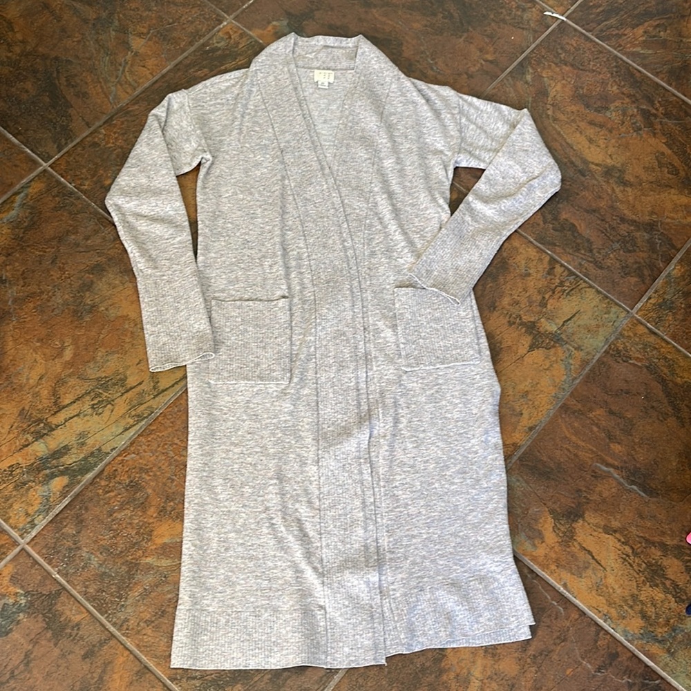A New Day LS Knit Open Front Face Long Cardigan Light Gray